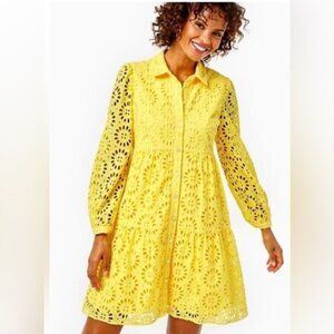 Lilly Pulitzer Yellow Eyelet Lace Long Sleeve Shirt Dress